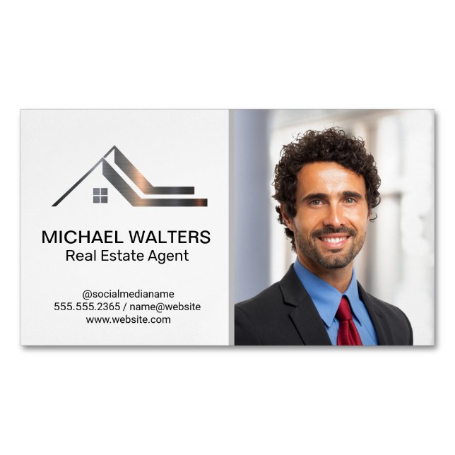 Real Estate Metallic Logo | Business Man Magnetic Business Card (Front)