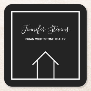 Real Estate Modern Black Custom Open House Square Paper Coaster