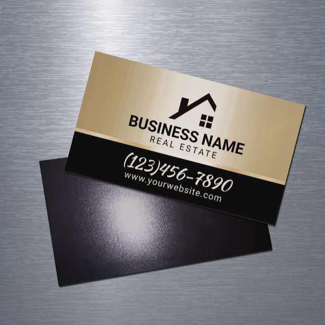 Real Estate Modern House Logo Black & Gold Magnetic Business Card (Creator Uploaded)