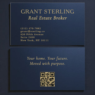 Real Estate Navy Blue Gold Metallic QR Code  Business Card