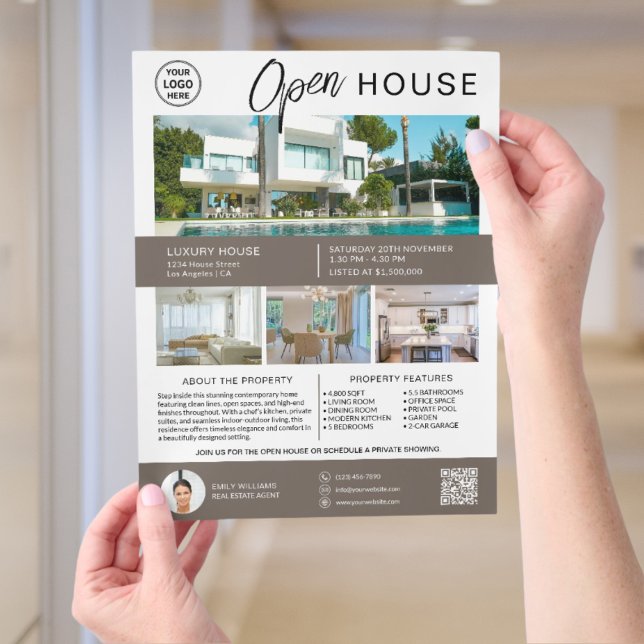 Real Estate Open House Custom Logo  Flyer (Modern minimalist flyer template with custom logo, QR code, and photos for real estate agents.)