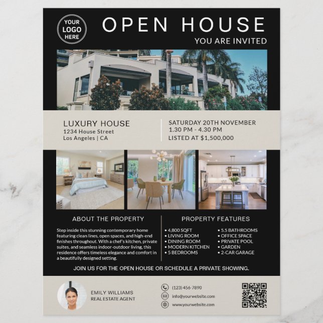 Real Estate Open House Logo Photo QR Black Flyer (Front)