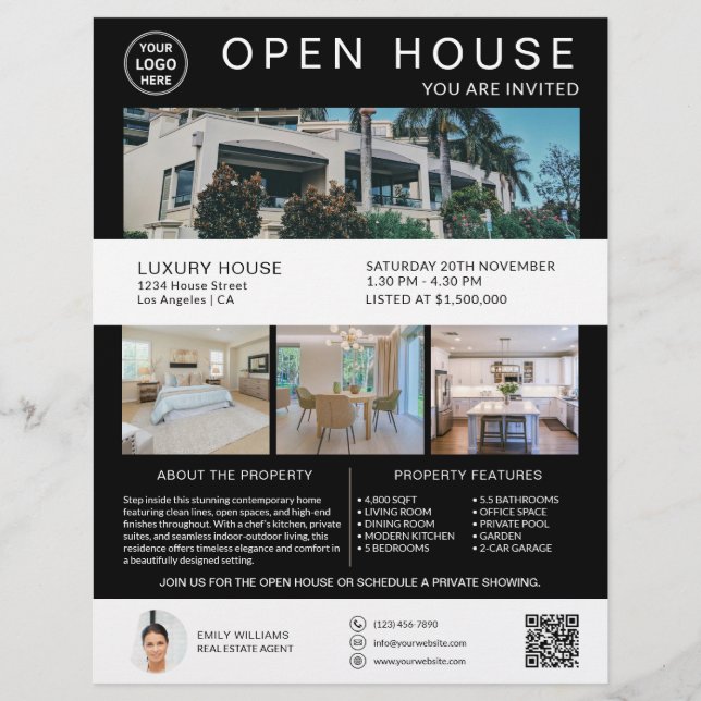Real Estate Open House Logo Photo QR Black White Flyer (Front)
