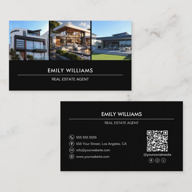 Real Estate Photo QR Social Media Black Business Card (Front/Back)