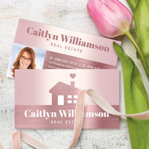 Real Estate Pink Rose Gold Foil Photo Agent House Business Card