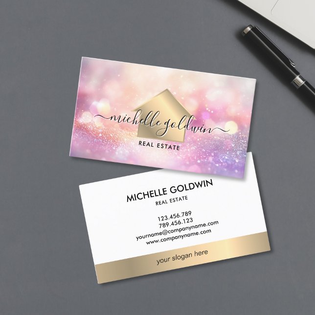 Real Estate Professional Modern Script House Busin Business Card (blush pink bokeh background with gold house icon logo for real estate agents)