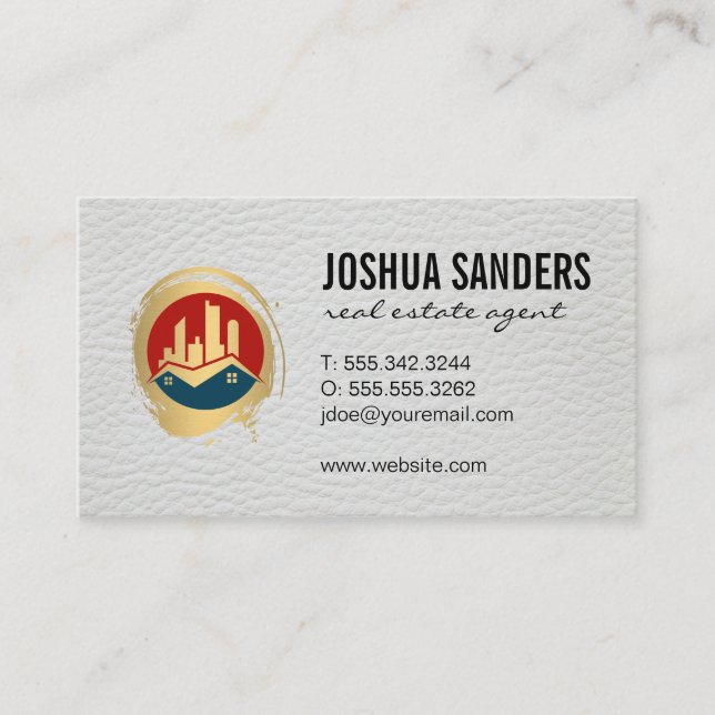 Real Estate Properties Logo | Leather Texture Business Card (Front)