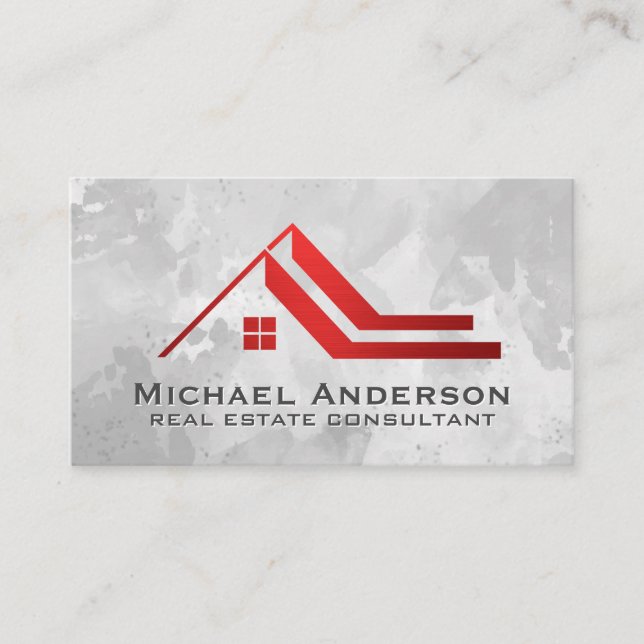 Real Estate Properties | Red Metallic Logo Business Card (Front)