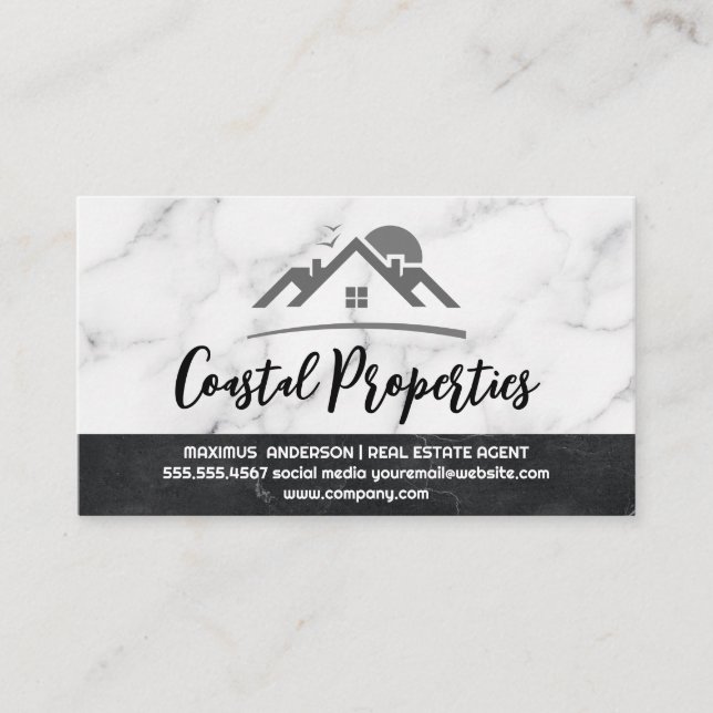 Real Estate Property Logo | Marble Background Business Card (Front)