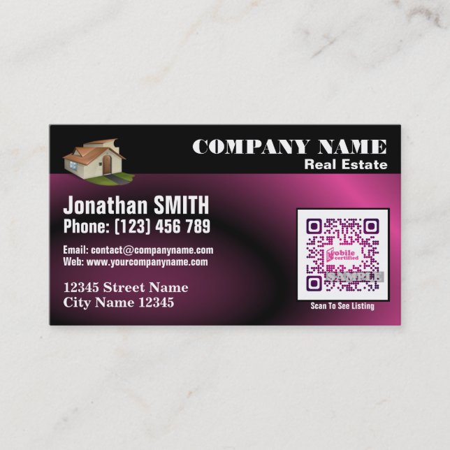 Real Estate – QR code business card – Pink (QR444) (Front)