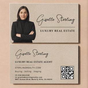 Real Estate QR Code Photo Beige Suede Business Card