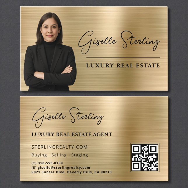 Real Estate QR Code Photo Faux Gold Metallic  Business Card (Creator Uploaded)