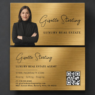 Real Estate QR Code Photo Gold Metallic  Business Card