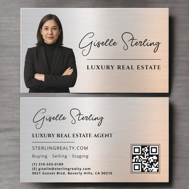 Real Estate QR Code Photo Platinum Metallic  Business Card (Creator Uploaded)