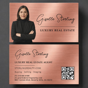 Real Estate QR Code Photo Rose Gold Metallic  Business Card