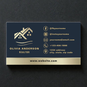 Real Estate Realtor Navy Blue Gold House Business Card