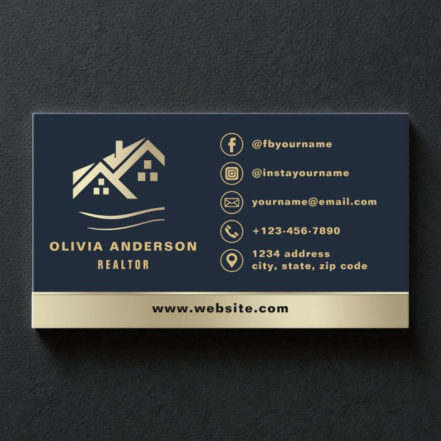 Real Estate Realtor Navy Blue Gold House Business Card (Creator Uploaded)