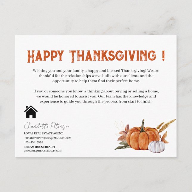 Real Estate Realtor Pop By Thanksgiving Recipe  Holiday Postcard (Front)