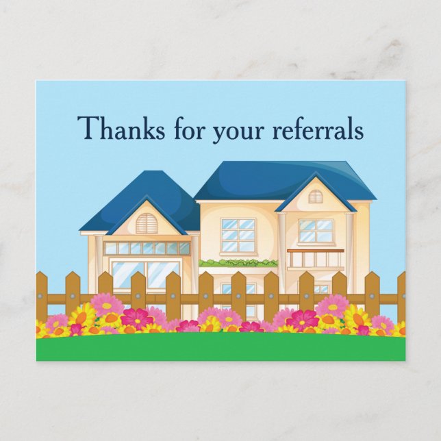 Real Estate Referral Thank You Blue House Drawing  Postcard (Front)