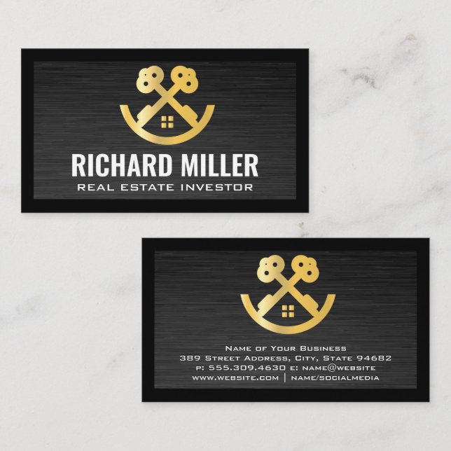 Real Estate Roof | Gold Keys and House Logo Business Card (Front/Back)
