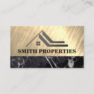 Real Estate Roof   Gold Metallic   Black Marble Business Card