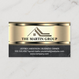 Real Estate Roof Logo   Metallic Gold Marble  Business Card