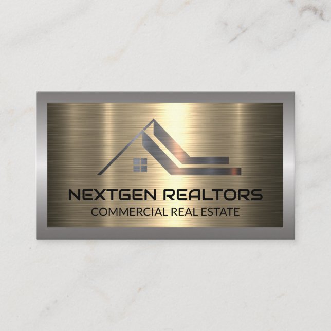 Real Estate Roof Metallic Logo | Metal Brushed Business Card (Front)