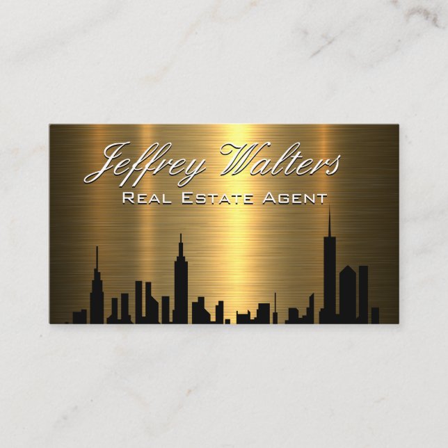 Real Estate Skyline | Gold Metallic Business Card (Front)