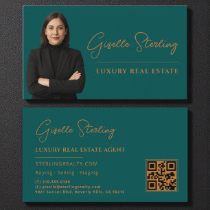 Real Estate Teal Copper QR Code Script Luxury  Business Card