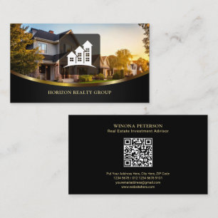 Real Estate with House Photo, Gold Accent, QR Code Business Card