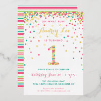 Real Foil 1st Birthday Invitations, Pink Confetti