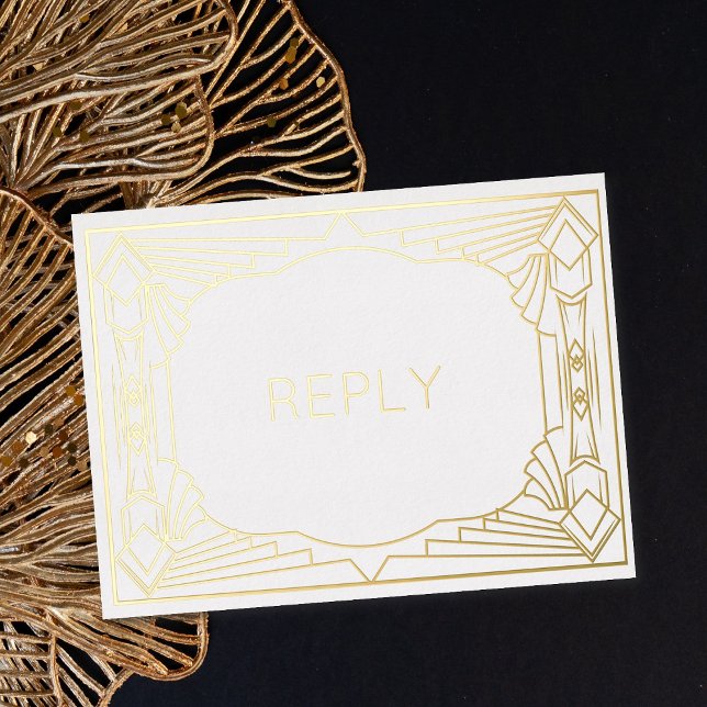 Real Foil Art Deco Geometric Gold Foil Meal RSVP  Foil Invitation Postcard (Creator Uploaded)