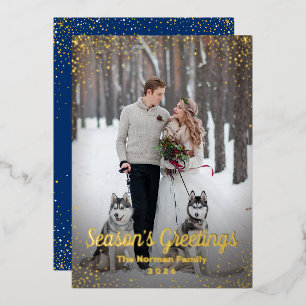 Real Foil Blue Gold Christmas Photo Holiday Card