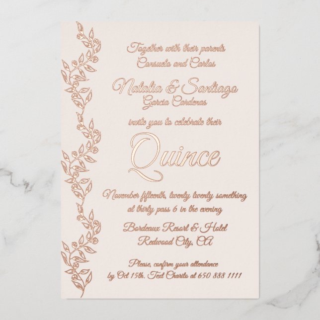 Real Foil Champagne Pink Twins Quince Invitation (Front)