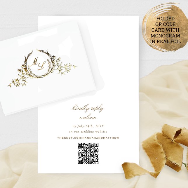 Real Foil Chic Calligraphy Monogram RSVP QR Code  Foil Card (Creator Uploaded)