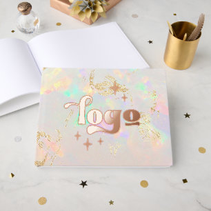 real foil company logo on opal background guest book