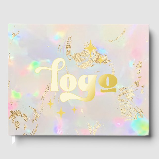 real foil company logo on opal stone guest book (Front)