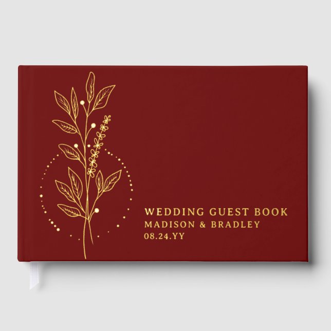 Real Foil Elegant Burgundy Boho Floral Wedding Guest Book (Front)