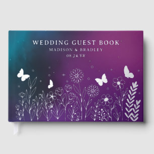 Real Foil Elegant Purple Teal Floral Wedding Guest Book