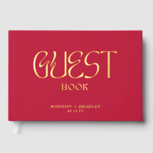 Real Foil Elegant Red Calligraphy Script Wedding Guest Book