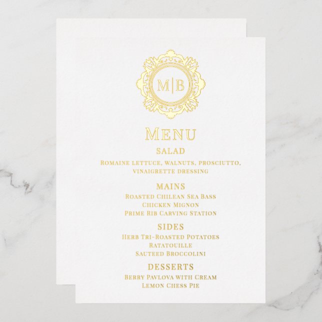Real Foil Gold Floral Monogram Wedding Menu (Front/Back)