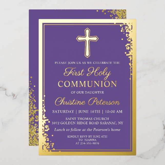 Real Foil Gold Lavender Purple First Communion (Front/Back)