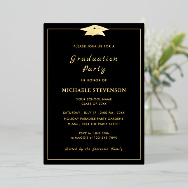 Real Foil Gold on Black Graduation nvitation Card (Standing Front)