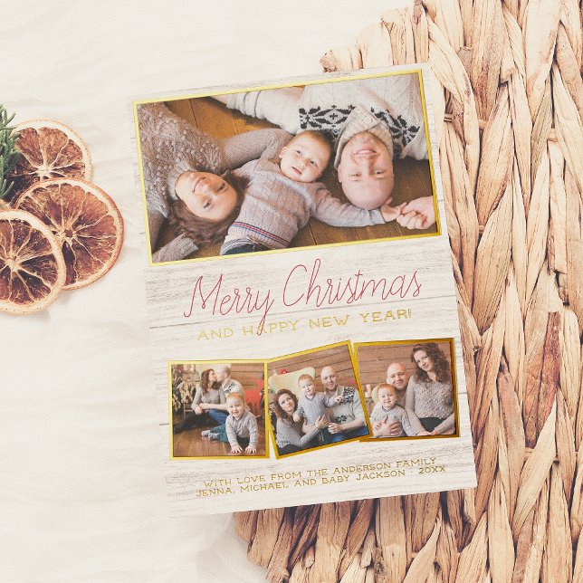 Real Foil | Merry Christmas Rustic Wood 4 Photo (Creator Uploaded)