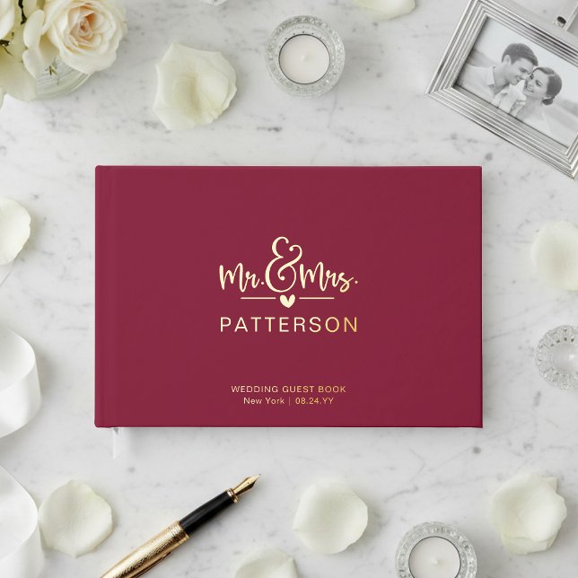 Real Foil Mr & Mrs Personalised Maroon Wedding Guest Book (Creator Uploaded)
