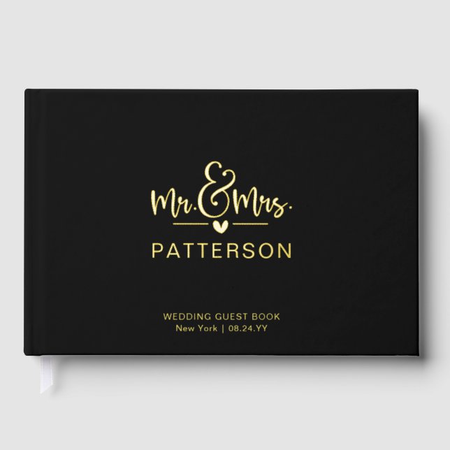 Real Foil Mr & Mrs Personalised Name Black Wedding Guest Book (Front)