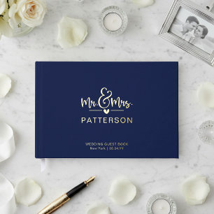 Real Foil Mr & Mrs Personalised Name Blue Wedding Guest Book