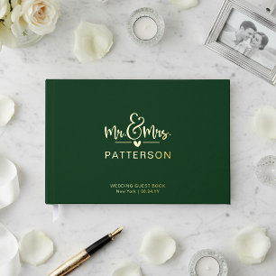Real Foil Mr & Mrs Personalised Name Green Wedding Guest Book