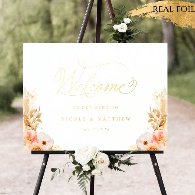 Real Foil Peach Floral Wedding Welcome Sign (Creator Uploaded)