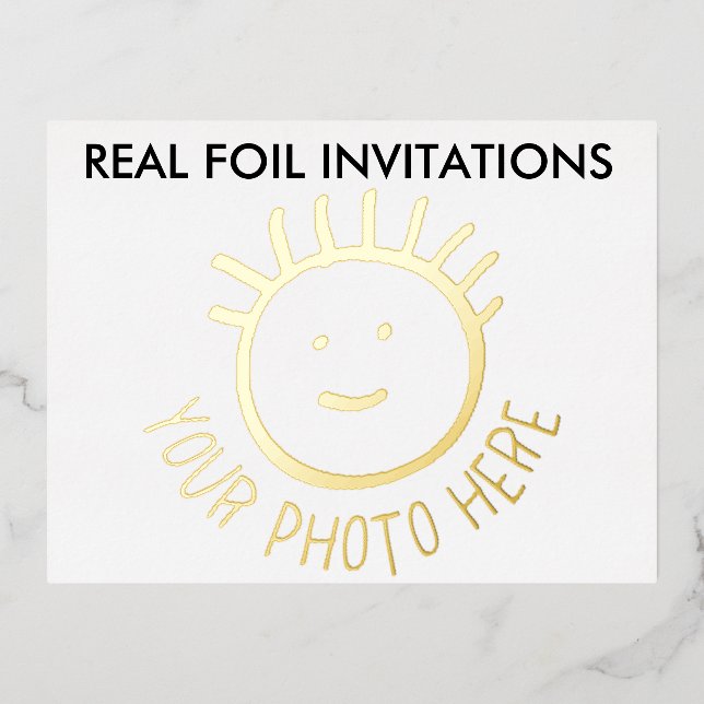 REAL FOIL PHOTO Kids Party Invitations GOLD (Front)